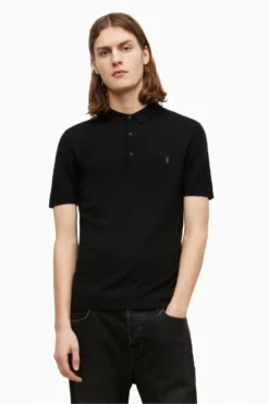 All Saints AllSaints Black Mode Merino Long Sleeve Polo Shirt