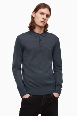 All Saints AllSaints Grey Mode Merino Long Sleeve Polo Shirt