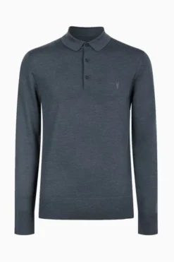 All Saints AllSaints Grey Mode Merino Long Sleeve Polo Shirt -ALLSAINTS Sales unnamed file 1955