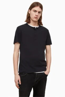 All Saints AllSaints Black Figure Short Sleeve Henley T-Shirt