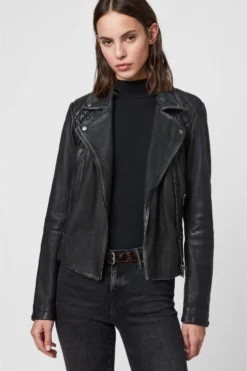 All Saints AllSaints Black Cargo Leather Biker Jacket