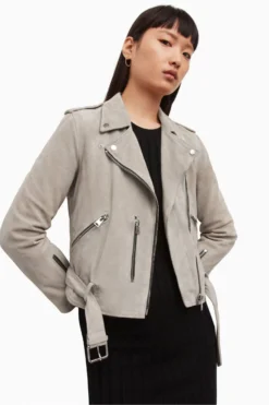 All Saints Womens Grey Suede Balfern Biker Jacket